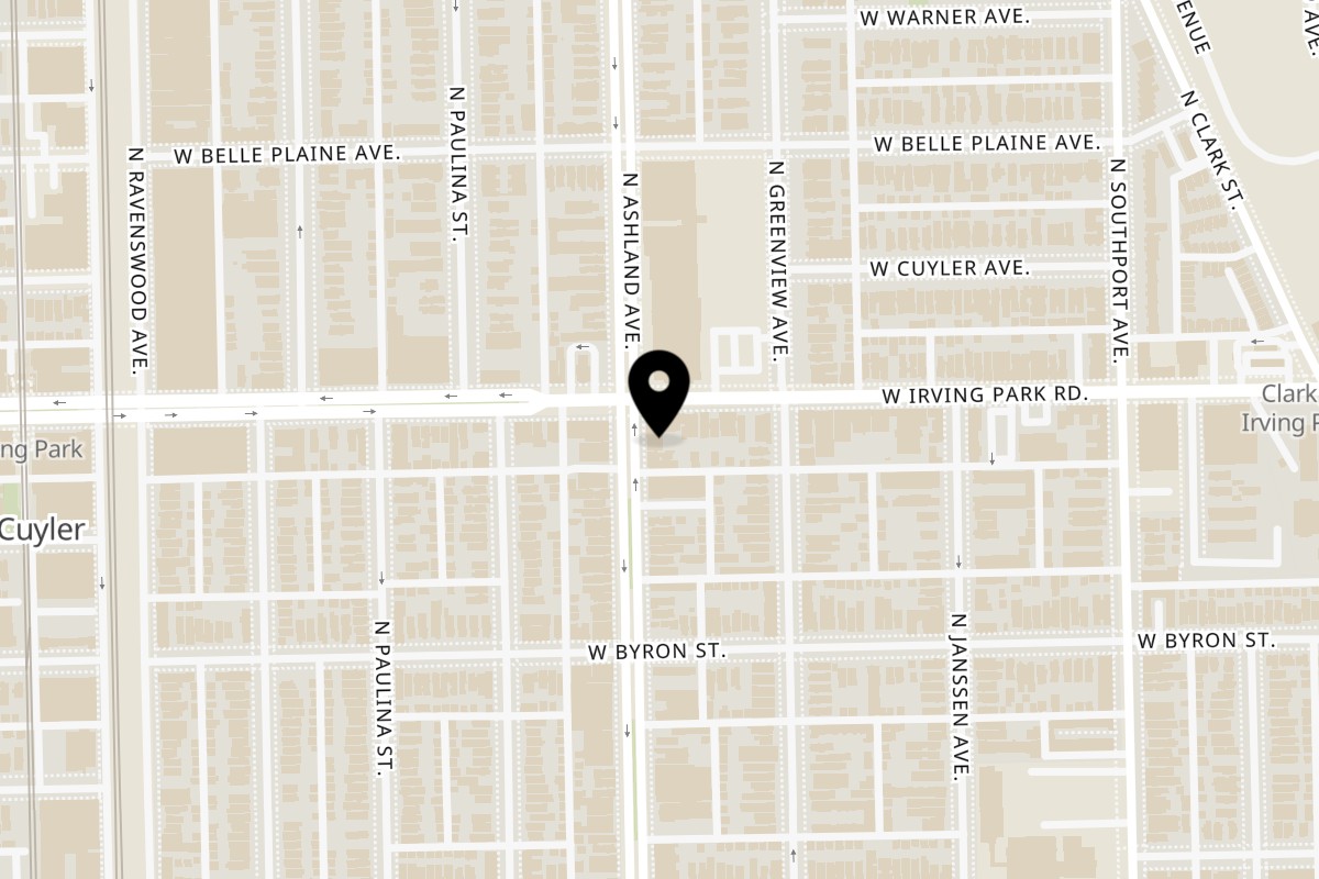 Map showing the location of Q'bo Latin Café on 3953 N Ashland Ave in Chicago